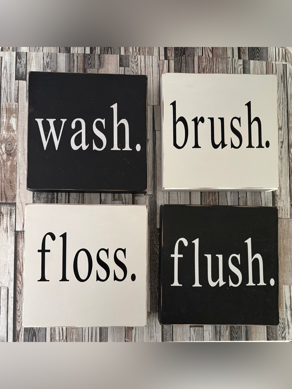Black & White 'Wash Brush Floss Flush' Bathroom Wall Sign Set